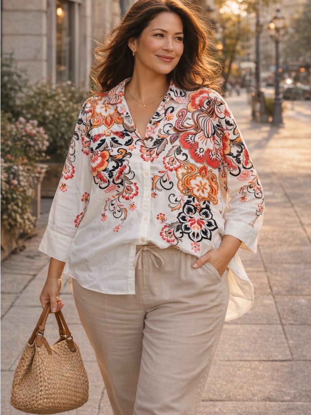 Chico’s Floral Button Blouse White Size 14 Boho Workwear Summer Stretch Top